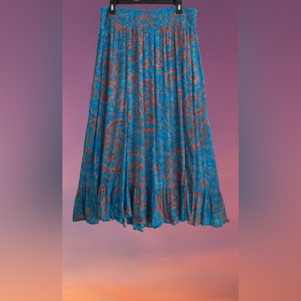 🆕 💙🧡East 5th Boho style Blue & Coral long Maxi Skirt Sz Lg NWT